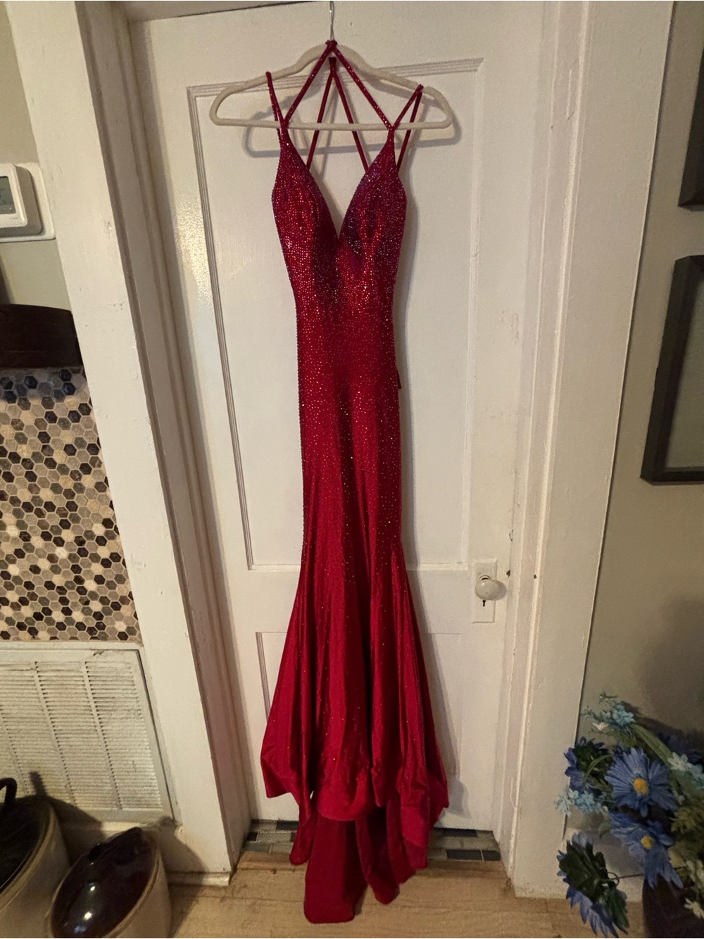 ellie wilde Red Beaded Spaghetti-Strap Prom Gown